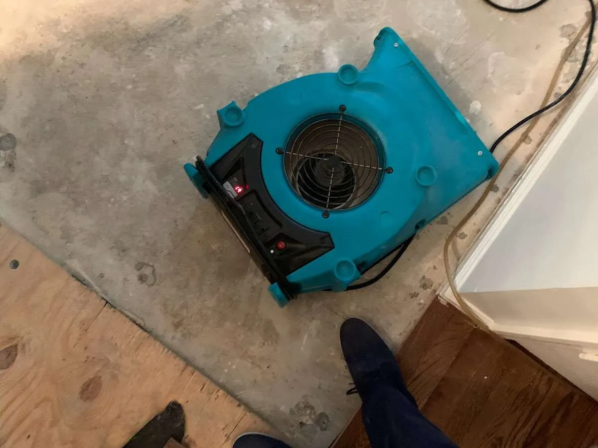 Air mover drying subfloor during Commercial Water Damage Restoration in Commerce